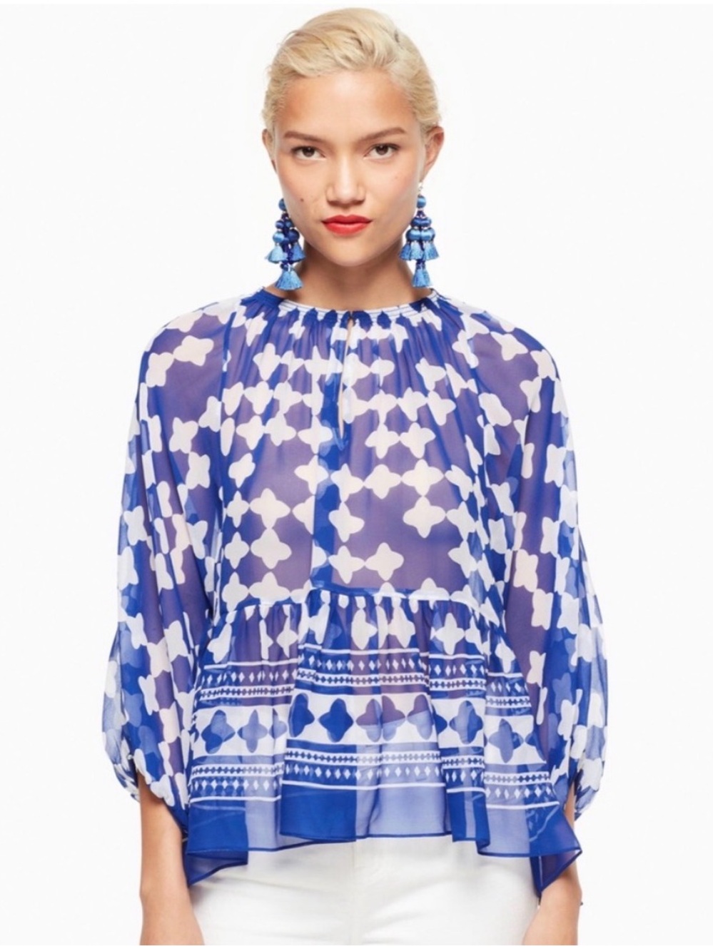 kate spade Sheer Silk Printed Peplum Blouse